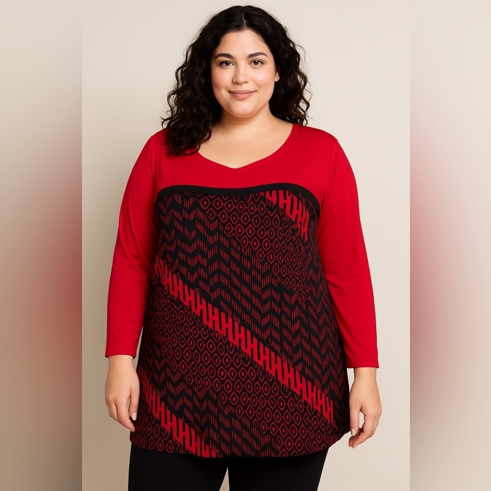 β€οΈ Antthony Red & Black Geometric Print Tunic β Size 2X